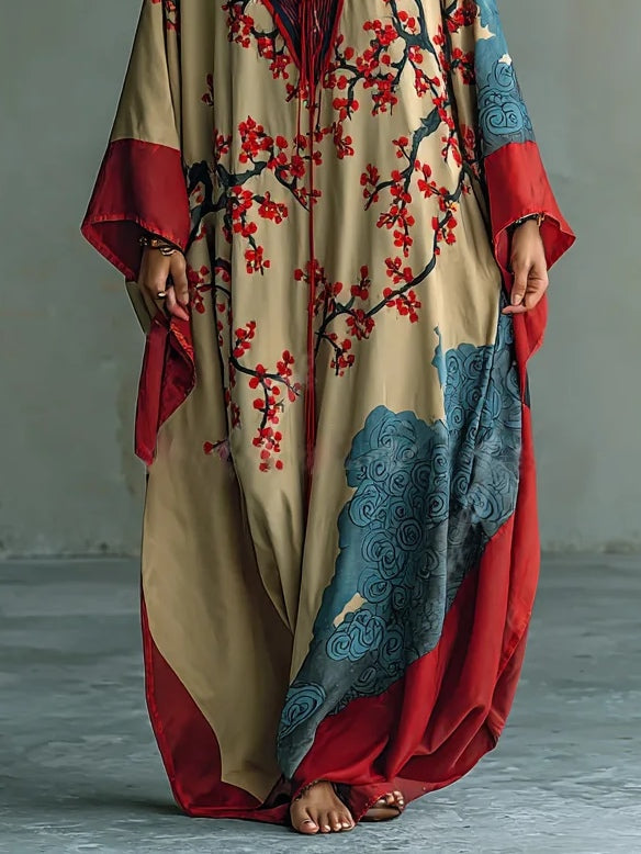 Women's Maxi Dress with Batwing Sleeves and Japanese Red Plum Blossom Print