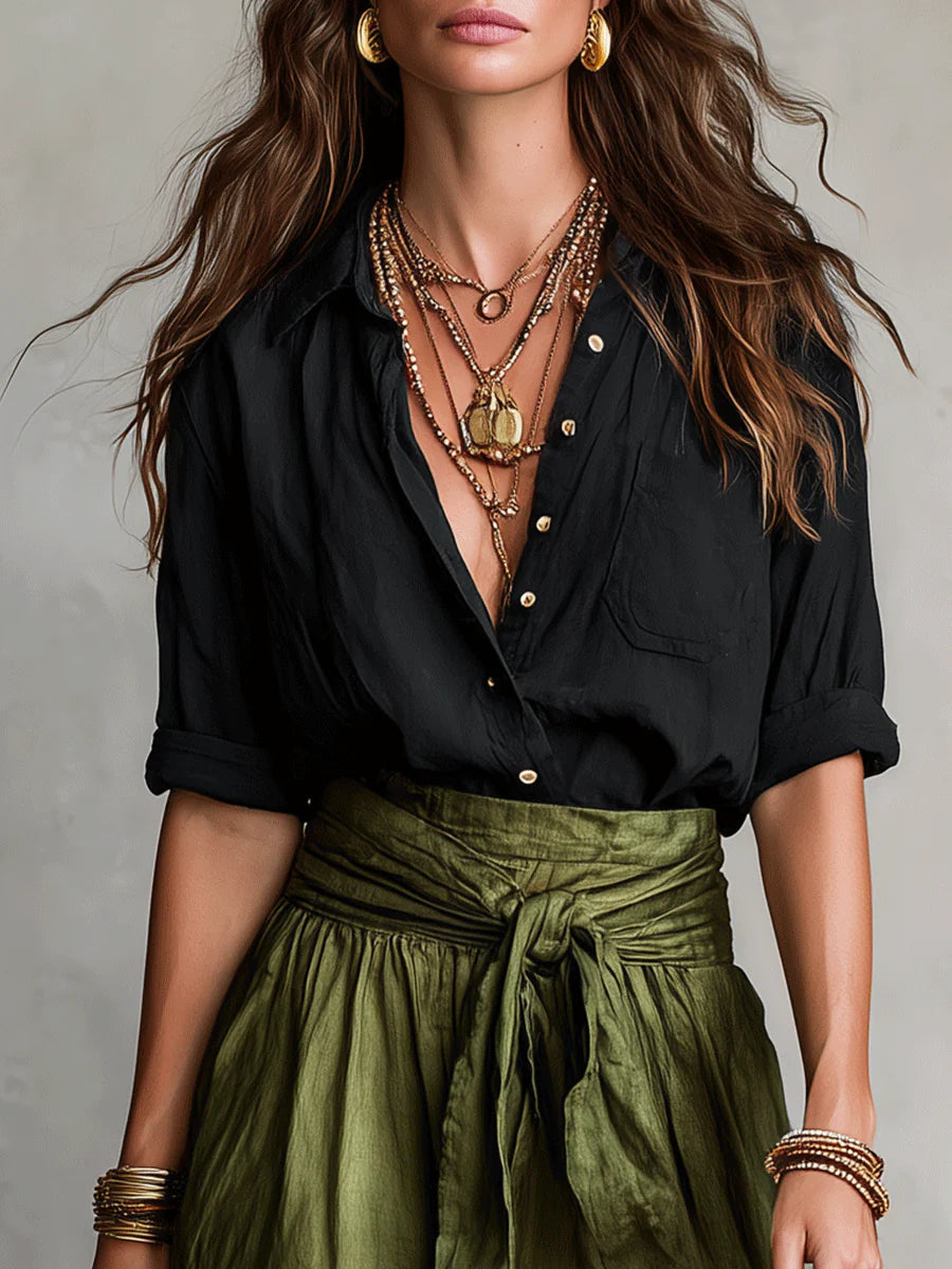 Vera | Women's Black T-Shirt and Olive Green Midi Skirt Two-Piece Set