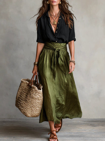 Vera | Women's Black T-Shirt and Olive Green Midi Skirt Two-Piece Set