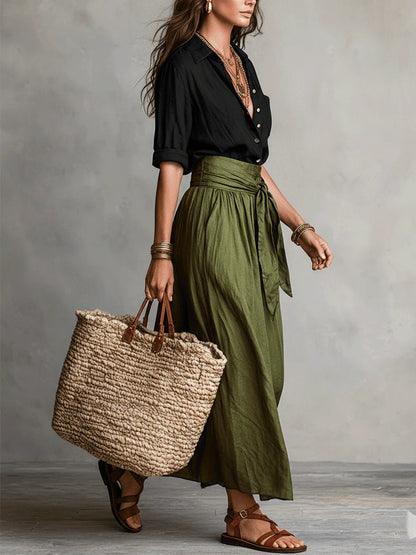 Vera | Women's Black T-Shirt and Olive Green Midi Skirt Two-Piece Set