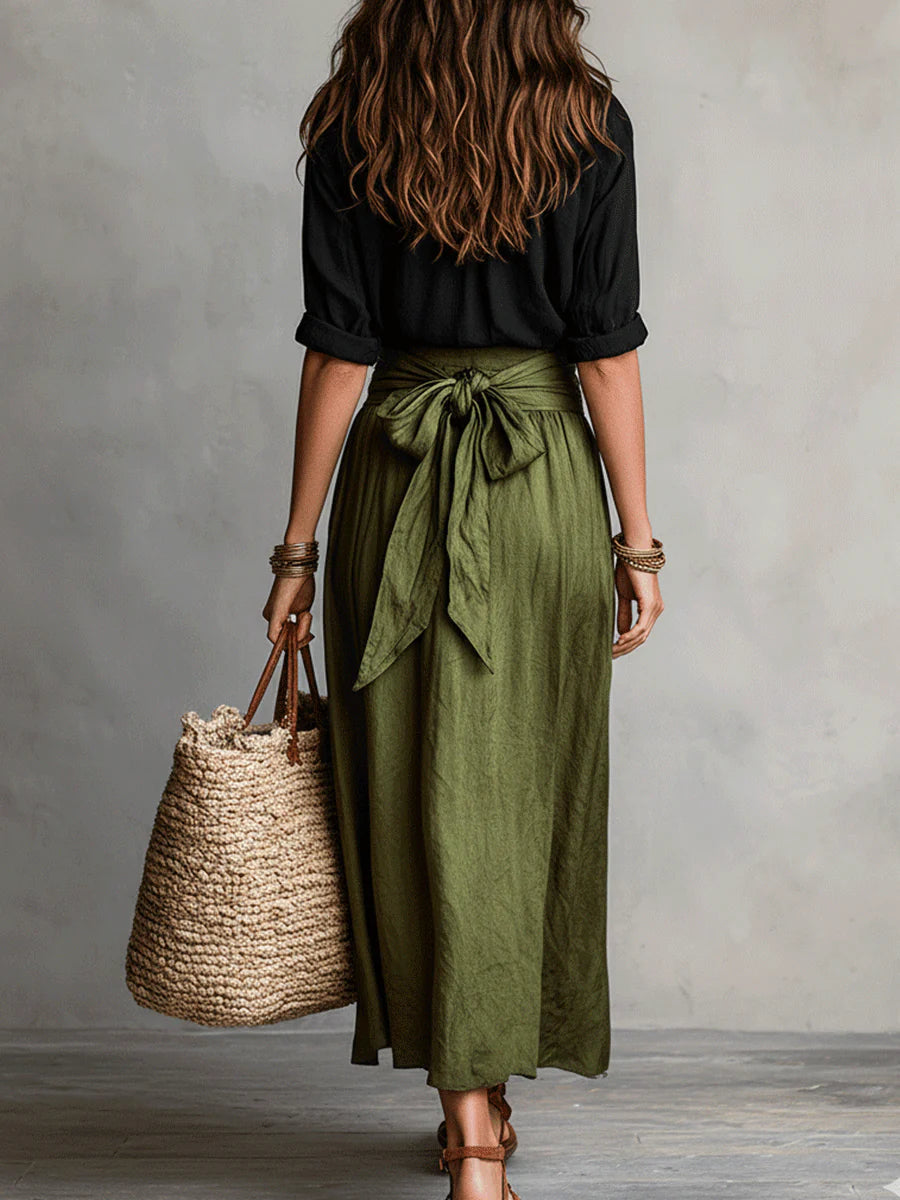 Vera | Women's Black T-Shirt and Olive Green Midi Skirt Two-Piece Set