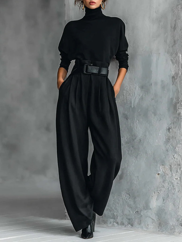 Women's Black Turtleneck Long Sleeve Top and Straight-Leg Trouser Set with Belt