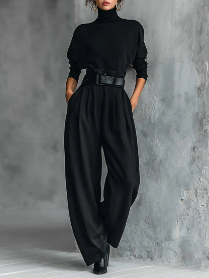 Women's Black Turtleneck Long Sleeve Top and Straight-Leg Trouser Set with Belt