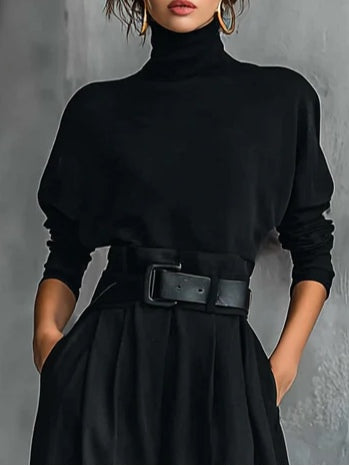 Women's Black Turtleneck Long Sleeve Top and Straight-Leg Trouser Set with Belt