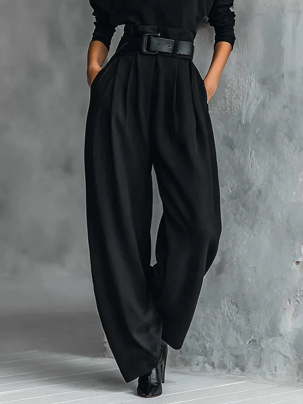 Women's Black Turtleneck Long Sleeve Top and Straight-Leg Trouser Set with Belt