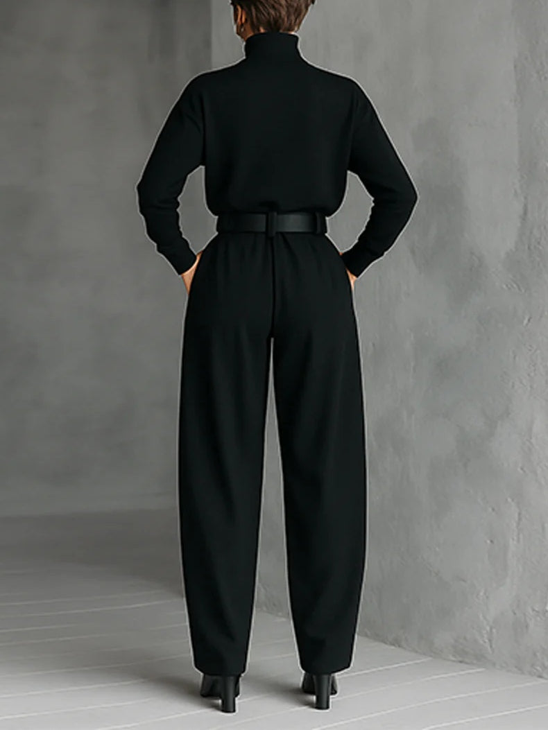 Women's Black Turtleneck Long Sleeve Top and Straight-Leg Trouser Set with Belt