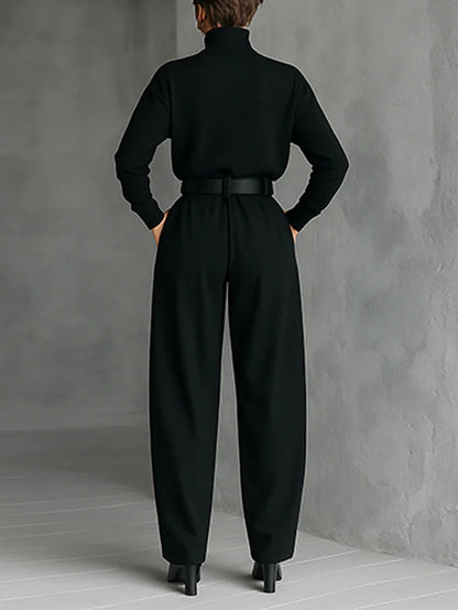 Women's Black Turtleneck Long Sleeve Top and Straight-Leg Trouser Set with Belt
