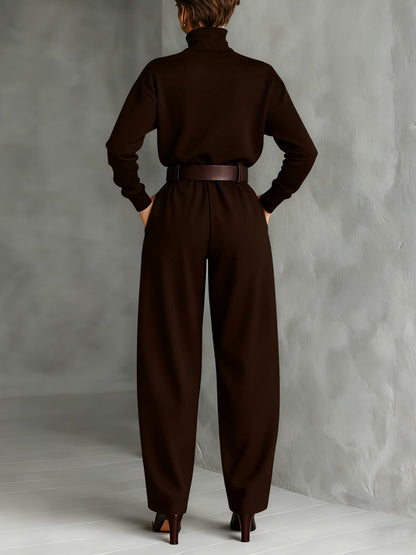 Women's Black Turtleneck Long Sleeve Top and Straight-Leg Trouser Set with Belt