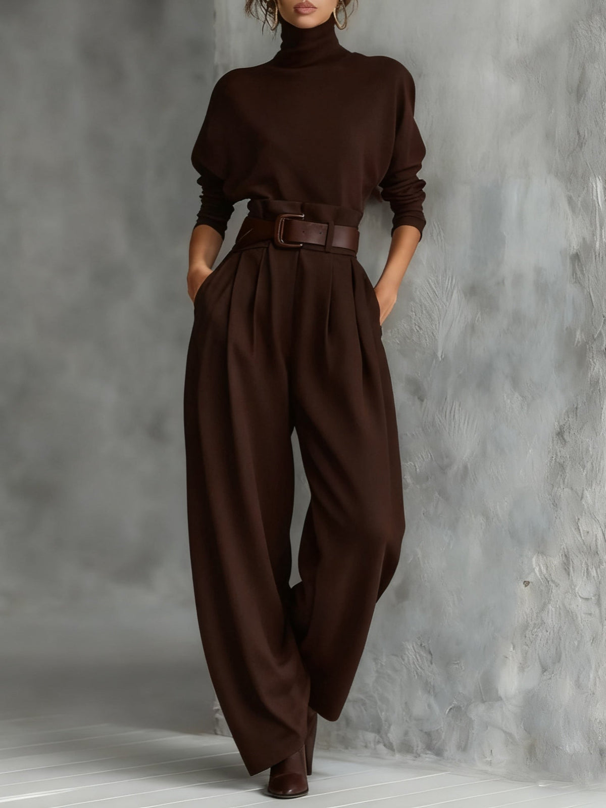 Women's Black Turtleneck Long Sleeve Top and Straight-Leg Trouser Set with Belt