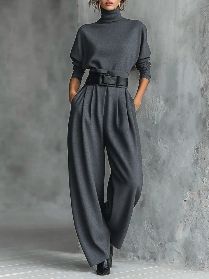 Women's Black Turtleneck Long Sleeve Top and Straight-Leg Trouser Set with Belt