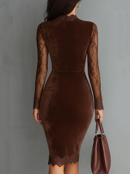Women's Brown Vintage Mini Dress with Keyhole Neckline and Sleeves