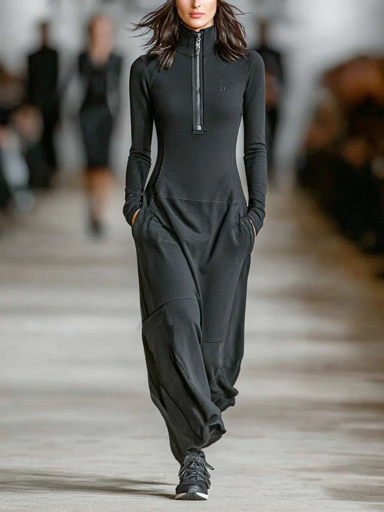 Women's Casual Maxi Dress with Black Turtleneck and Zip-Up Design