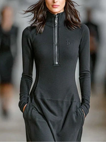 Women's Casual Maxi Dress with Black Turtleneck and Zip-Up Design