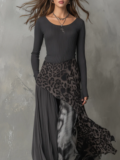 Women's Maxi Dress with Grey Pit Stripe and Leopard Print Splicing, Irregular Hem
