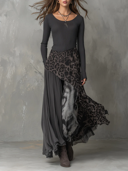 Women's Maxi Dress with Grey Pit Stripe and Leopard Print Splicing, Irregular Hem