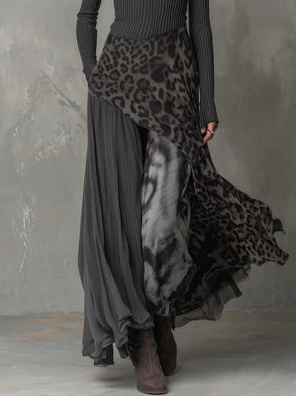 Women's Maxi Dress with Grey Pit Stripe and Leopard Print Splicing, Irregular Hem