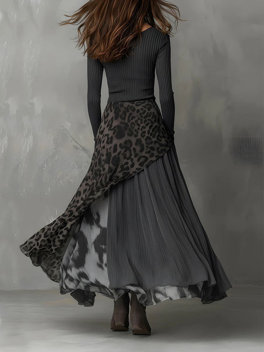 Women's Maxi Dress with Grey Pit Stripe and Leopard Print Splicing, Irregular Hem