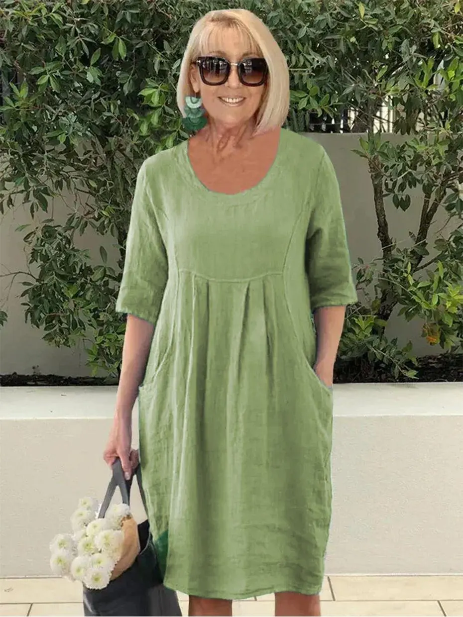 Lena | Women's Relaxed Pleat Pocket Midi Dress