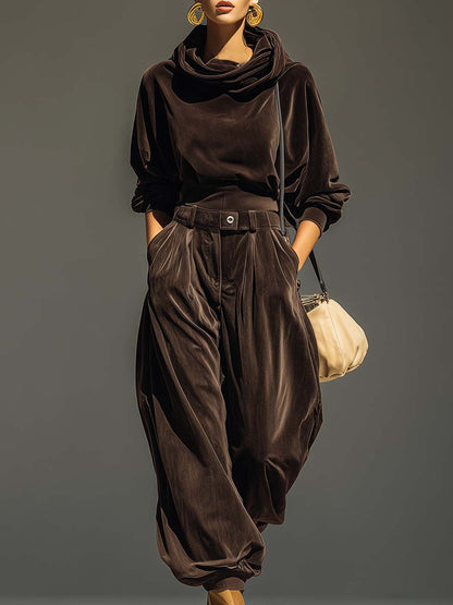 Women's Retro Brown Hoodie and Relaxed Trousers Set (Belt Included) with Pockets