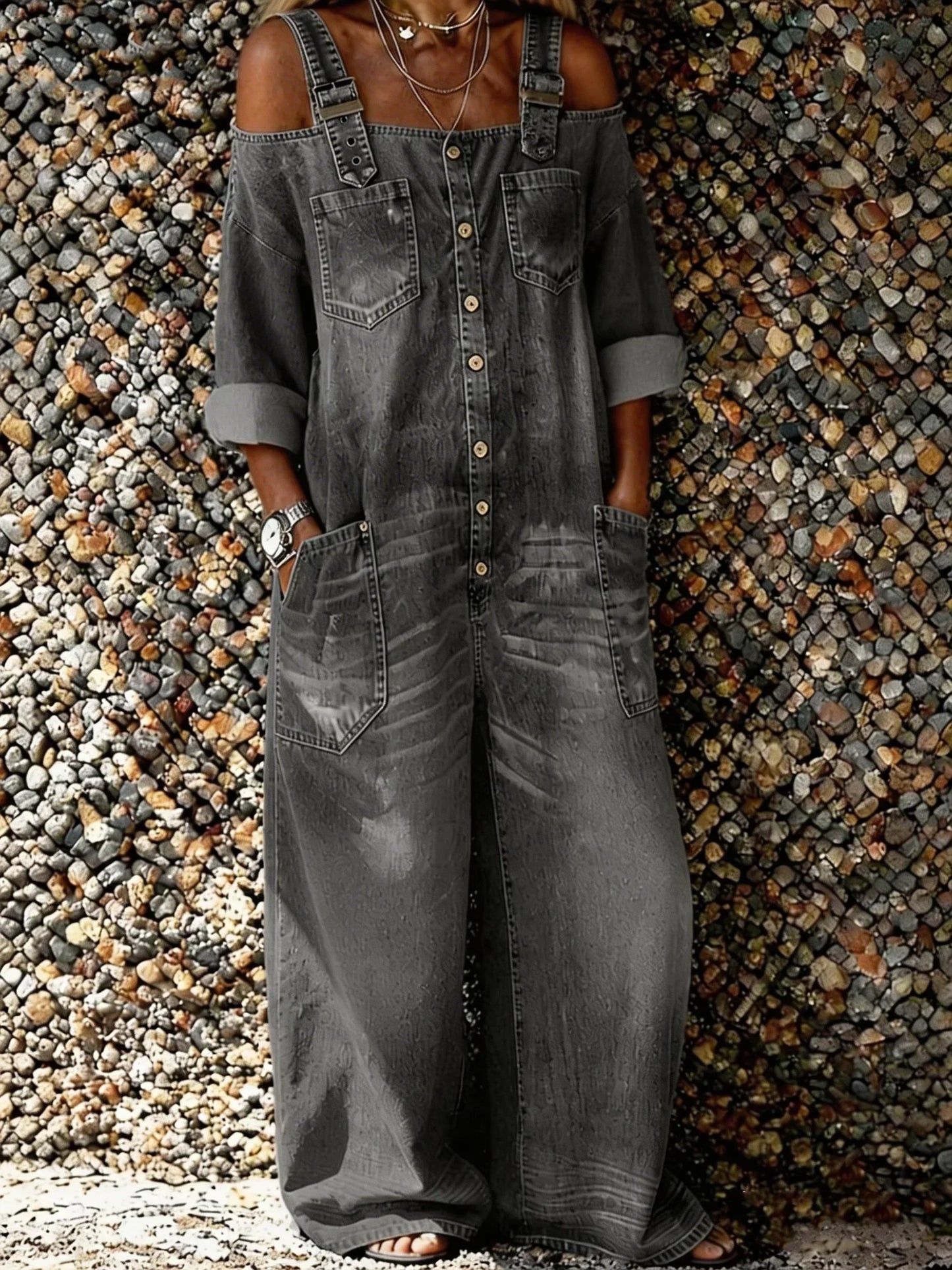 Bo | Women's Denim Overall Jumpsuit with Shoulder Straps and Pockets