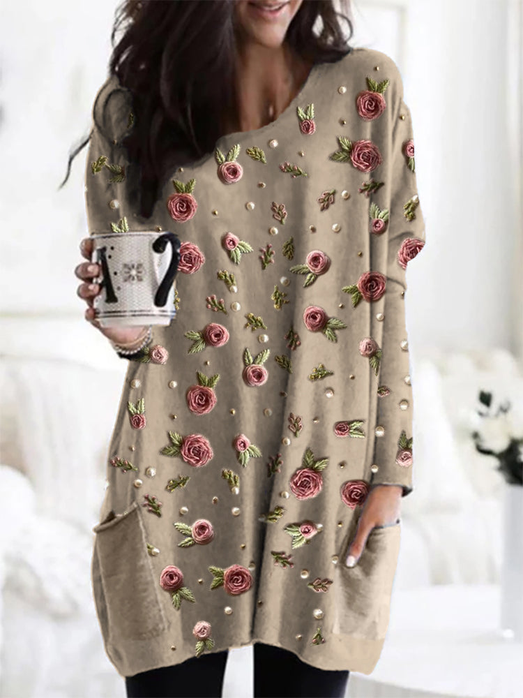 Romiselle | Women's Rose Printed Tunic with Pockets