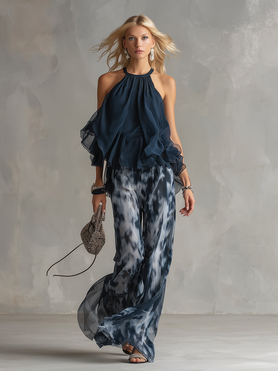 Ludovica | Women's Longline Chic Ensemble with High-Neck Blouse and Flowing Printed Trousers