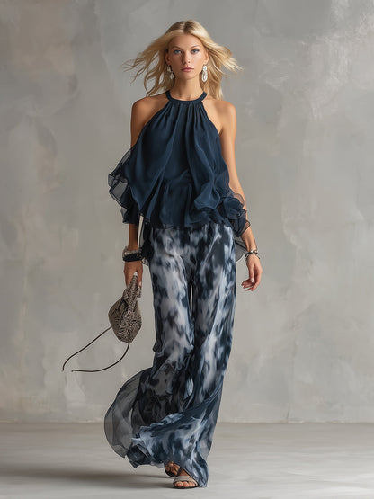 Ludovica | Women's Longline Chic Ensemble with High-Neck Blouse and Flowing Printed Trousers