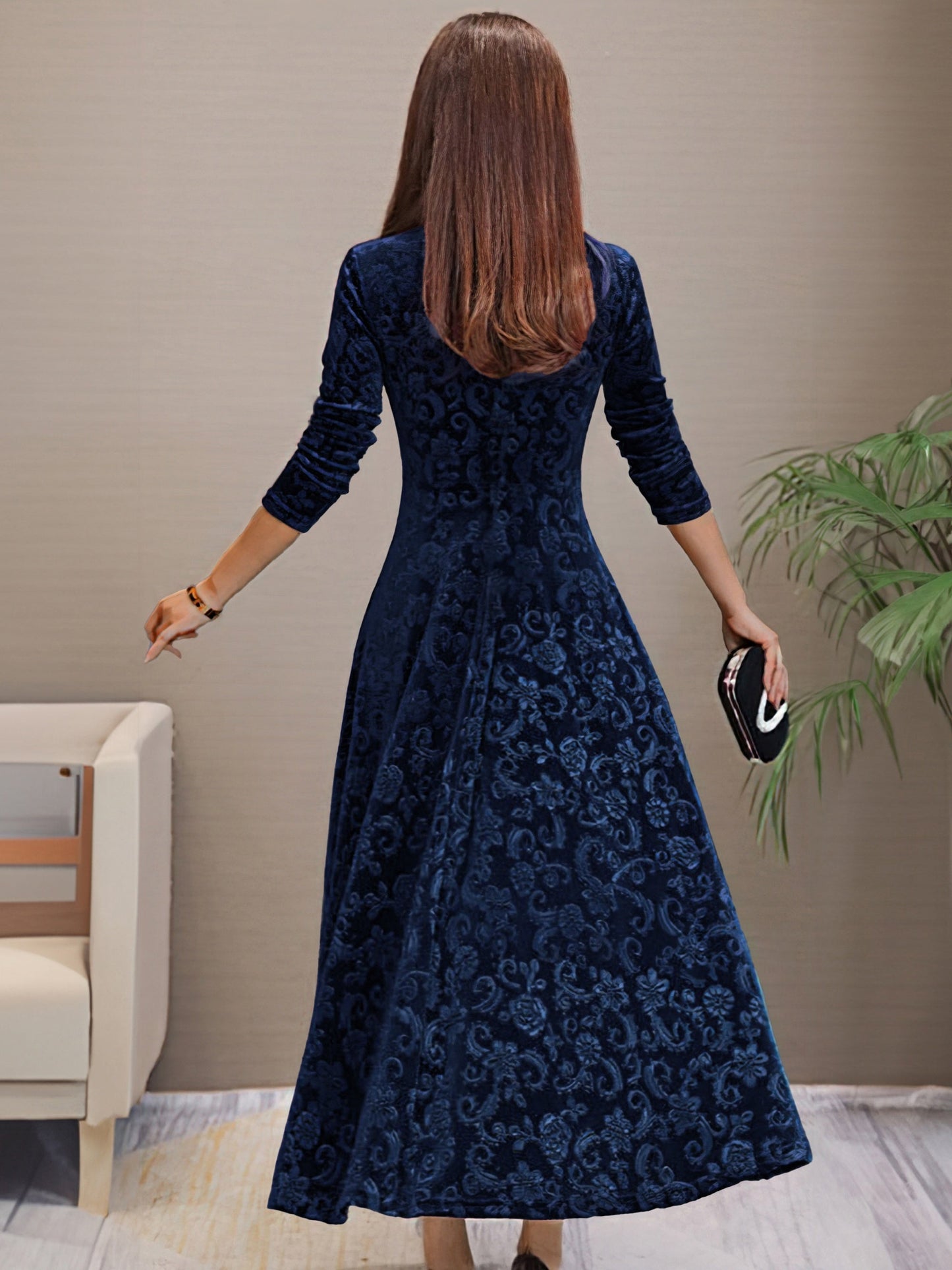 Nancy | Women's Luxe Holiday Midi Dress with V-Neck and Long Sleeve