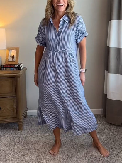 Gwen | Women's Striped Shirt Maxi Dress with Pockets