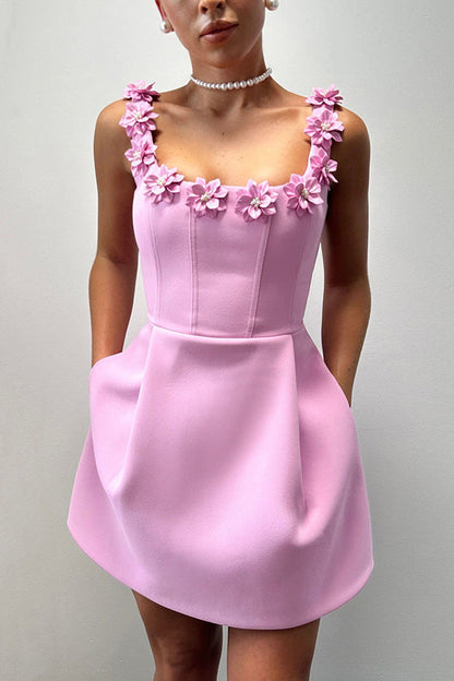 Cindy | Women's Feminine Mini Dress with Floral Applications and Pockets