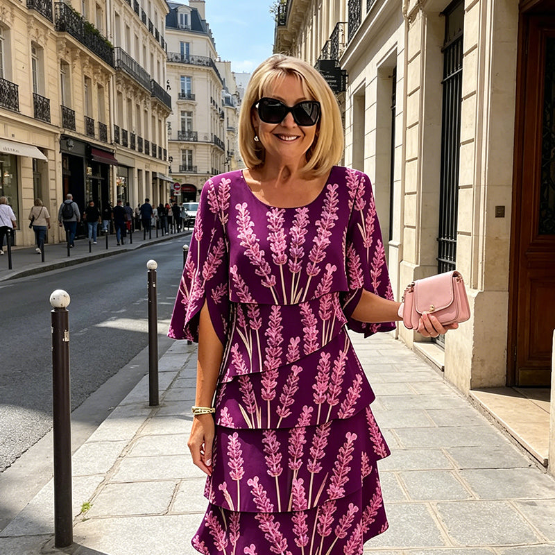 Elyvane | Women's Floral Ruffled Midi Dress with Mid-Length and Split Sleeves