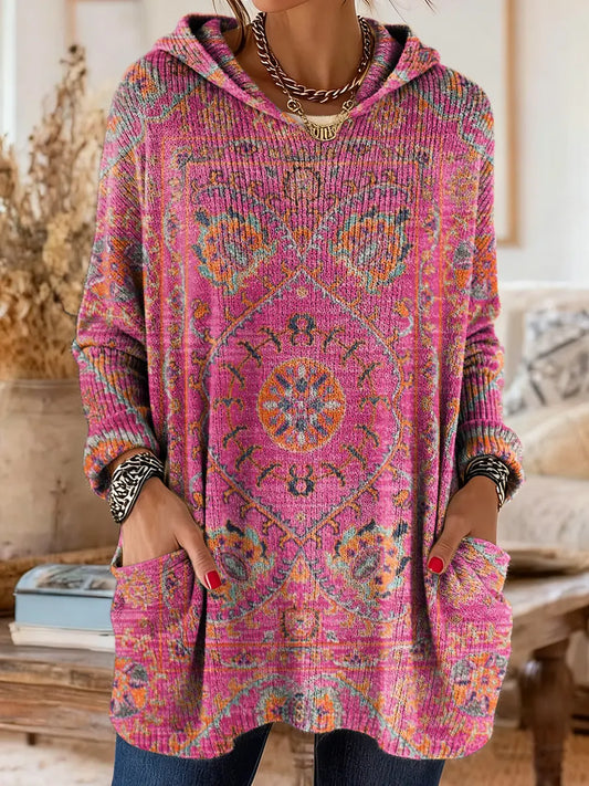 Women's Vintage-Inspired Hooded Tunic with Pockets and Ethnic Print