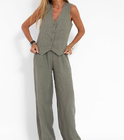 Aira | Women's Buttoned Vest & Wide-Leg Trousers Set
