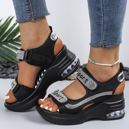 Cushioned Open-Toe Chic Women's Orthopedic Platform Sandals Adorned with Crystals