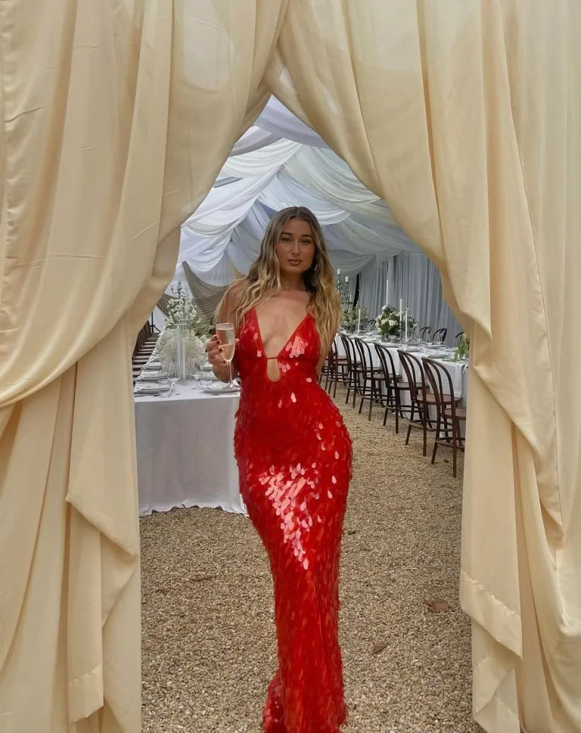 Kalea | Women's Glitter Sequins Backless Strap Maxi Dress