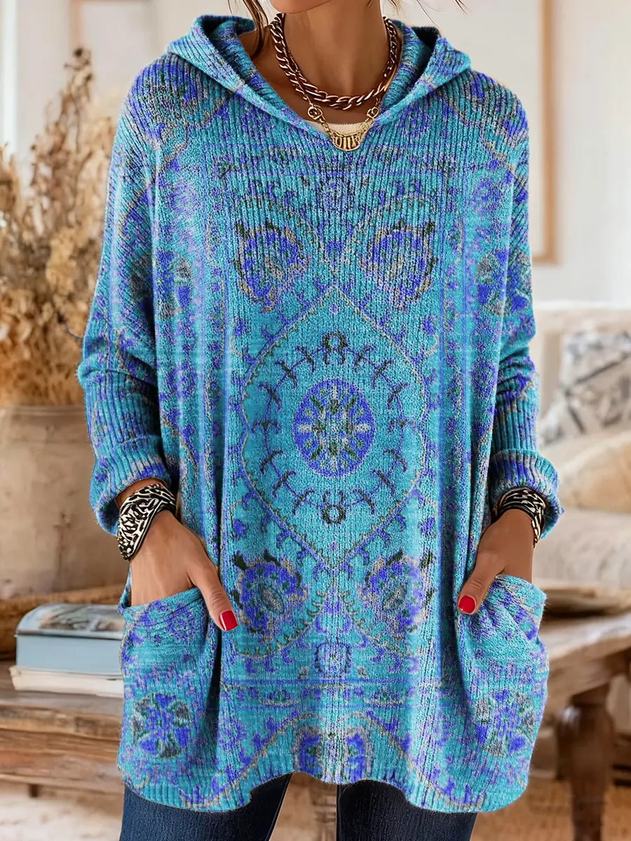 Women's Vintage-Inspired Hooded Tunic with Pockets and Ethnic Print