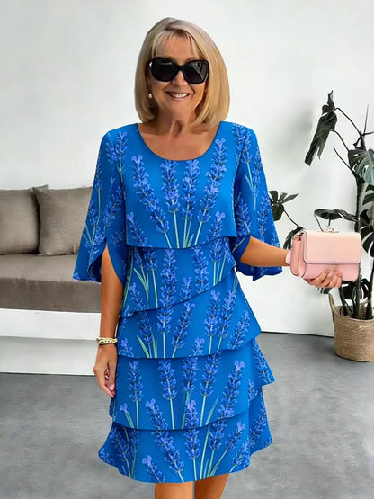 Elyvane | Women's Floral Ruffled Midi Dress with Mid-Length and Split Sleeves