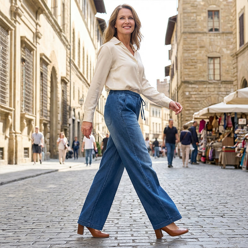 Adjustable Drawstring Waist Wide-Leg Jeans for Women