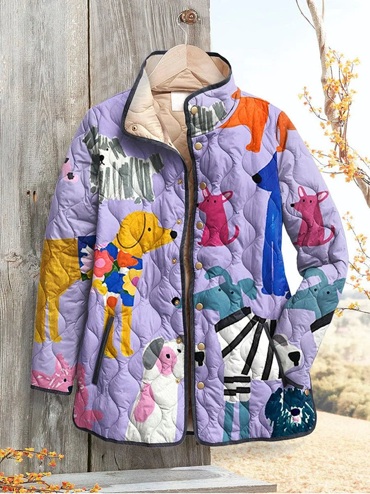 Women's Relaxed Colourful Dog Print Quilted Jacket