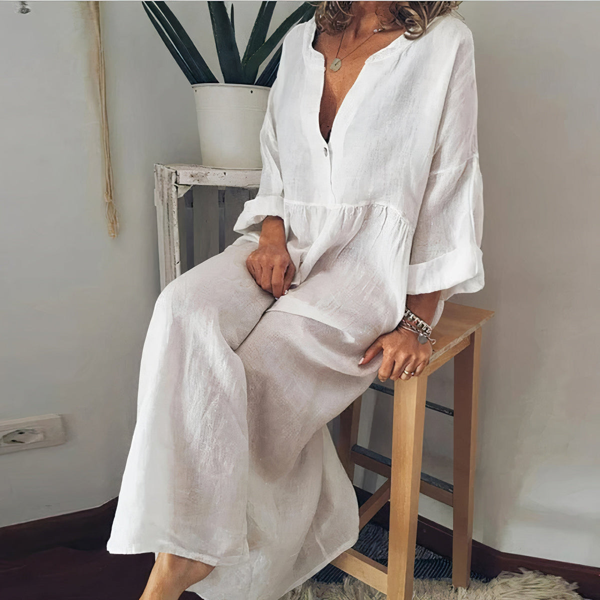 Women's Chic Blouse-Style Maxi Dress with Long Sleeve