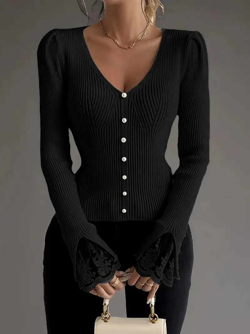 Women's Cropped Floral V-Neck Ribbed Top with Sleeves
