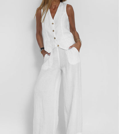 Aira | Women's Buttoned Vest & Wide-Leg Trousers Set