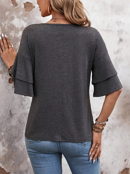 Hazel | Women's Relaxed Flare Sleeve V-Neck T-Shirt with Ruffle Detail