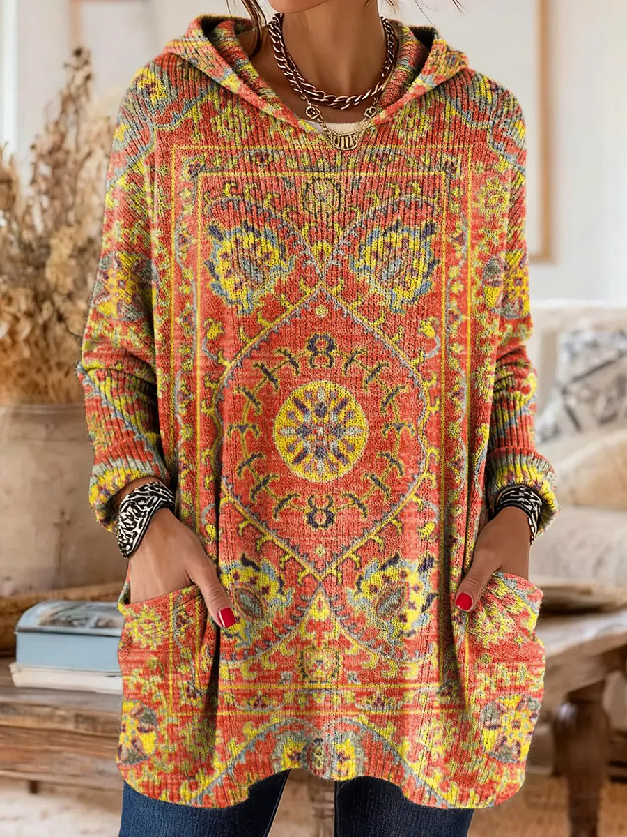 Women's Vintage-Inspired Hooded Tunic with Pockets and Ethnic Print