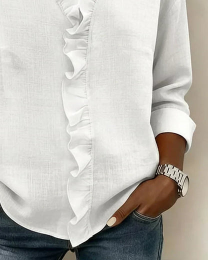 Indie | Women's Relaxed Ruffled V-Neck Blouse with Long Sleeves