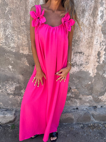 Floral Pattern Women's Maxi Dress with U-Shaped Neckline in Solid Colour
