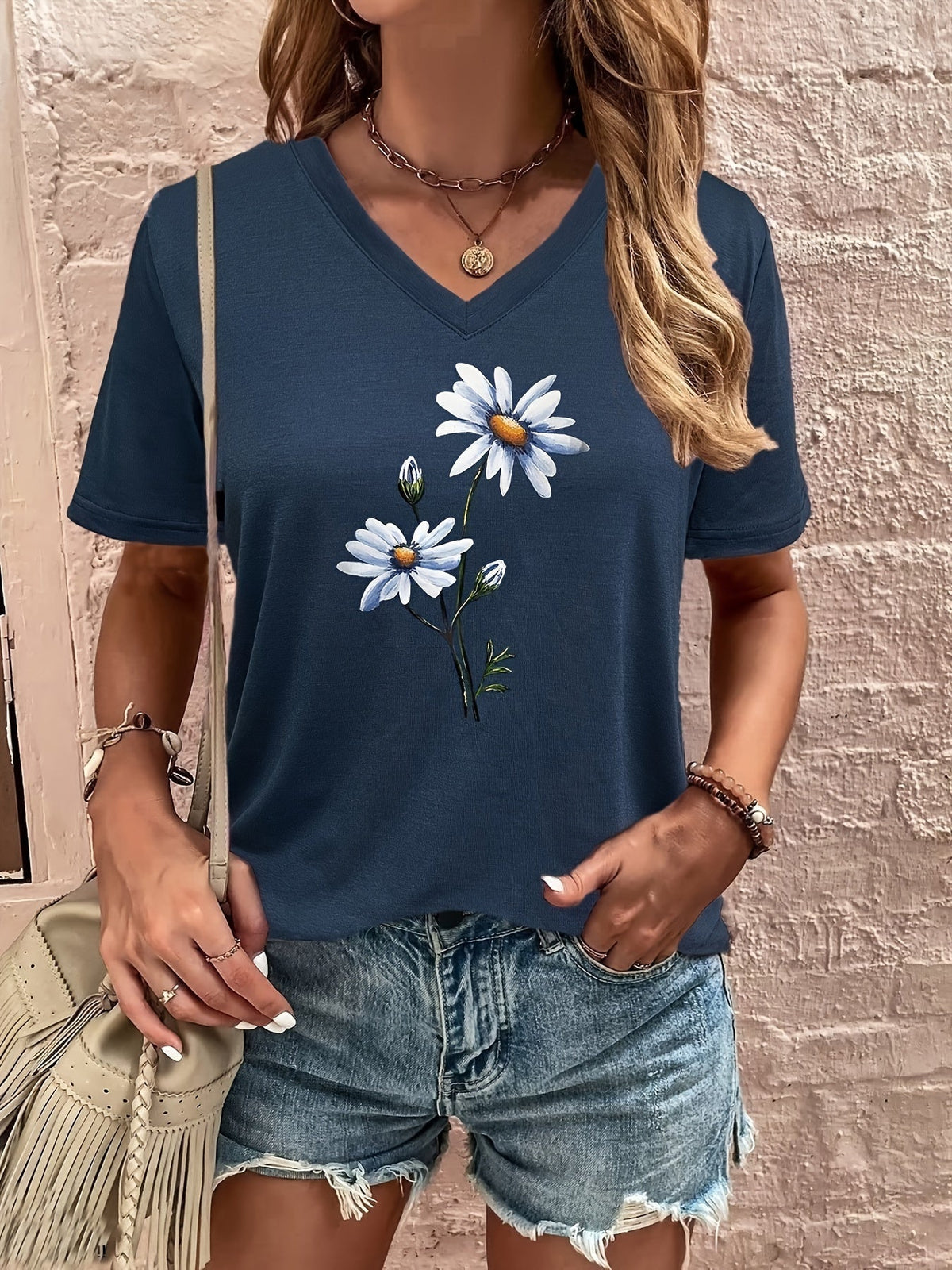 Celine | Women's Longline Floral V-Neck Tee