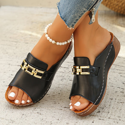 Women's Cushioned Open-Toe Romy Gold-Link Slide Sandals