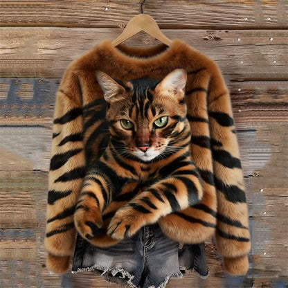 Women's Snug Plush Sweatshirt Featuring a Tiger and Tabby Kitten Design