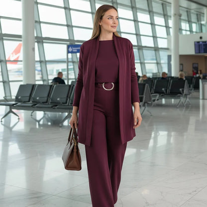 Women's Chic 3-Piece Ensemble: Long Cardigan, Top, and Trousers